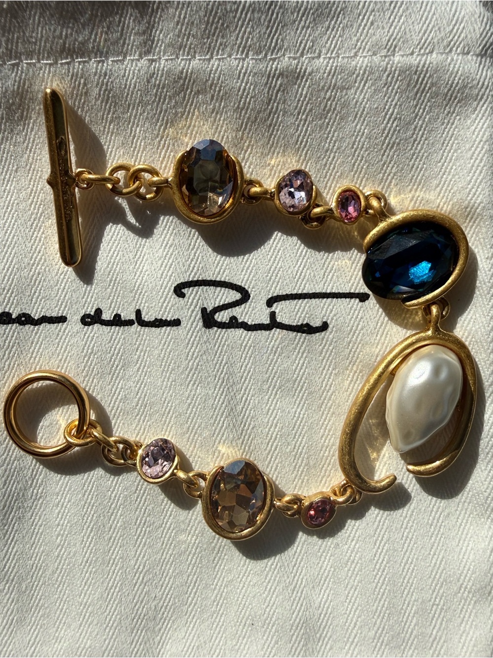 Oscar de la Renta Gold-Tone Bracelet with Deep Blue, Pink and Pearl Accents